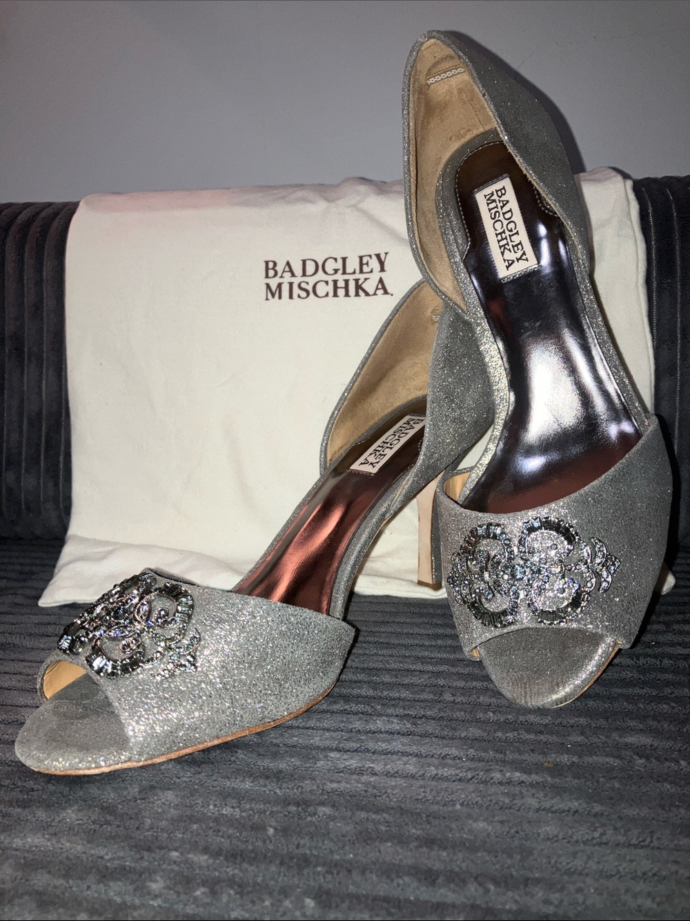 Badgley Mischka Salsa Glitter Peep-Toe Heels in Pewter with Medallion